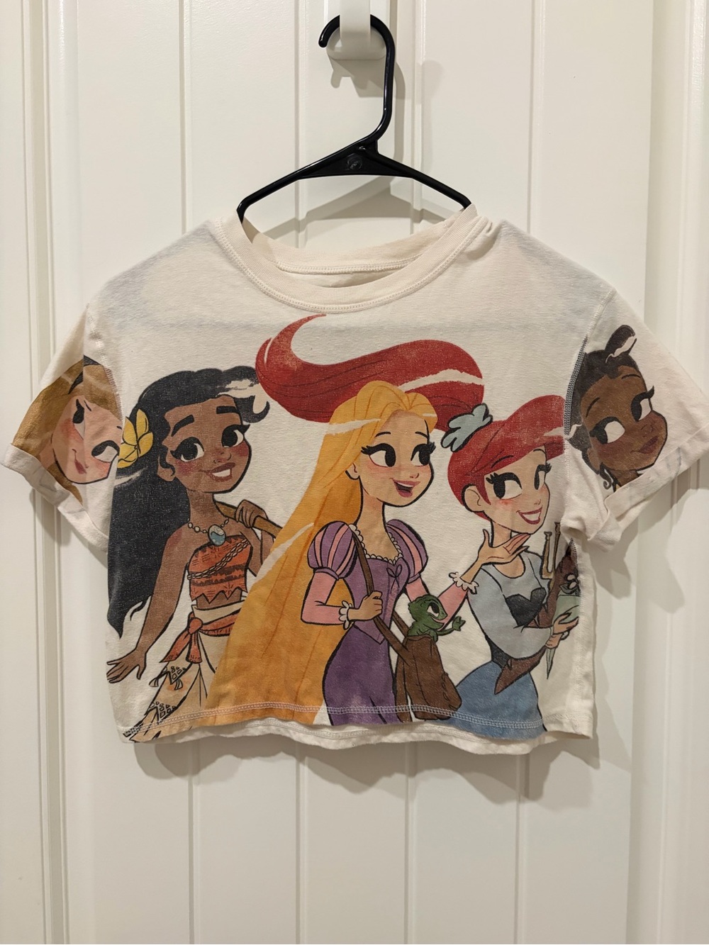 Disney Cropped Princess Graphic Tee - Cream with Red, Purple, Yellow, Blue